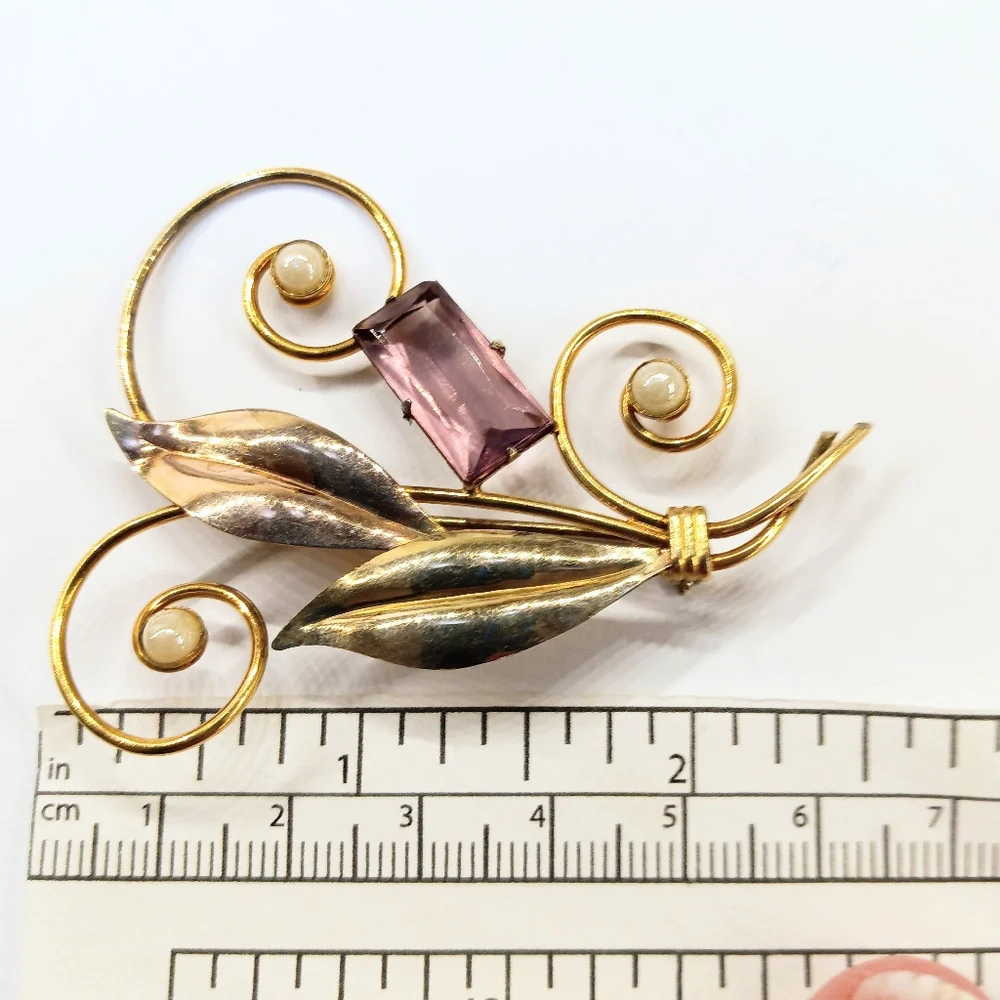 Vintage Gold Over Sterling Purple Stone Brooch And Earrings - Picture 5 of 5